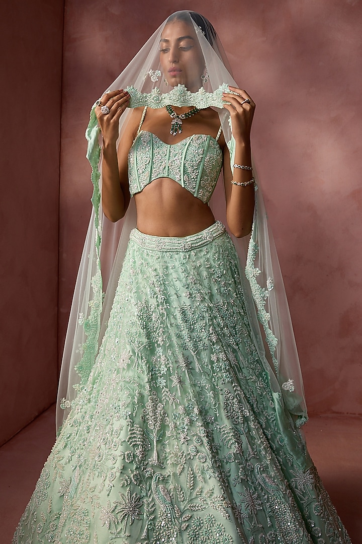 Sea Green Net Beads & Sequins Embroidered Bridal Lehenga Set by NITIKA GUJRAL at Pernia's Pop Up Shop
