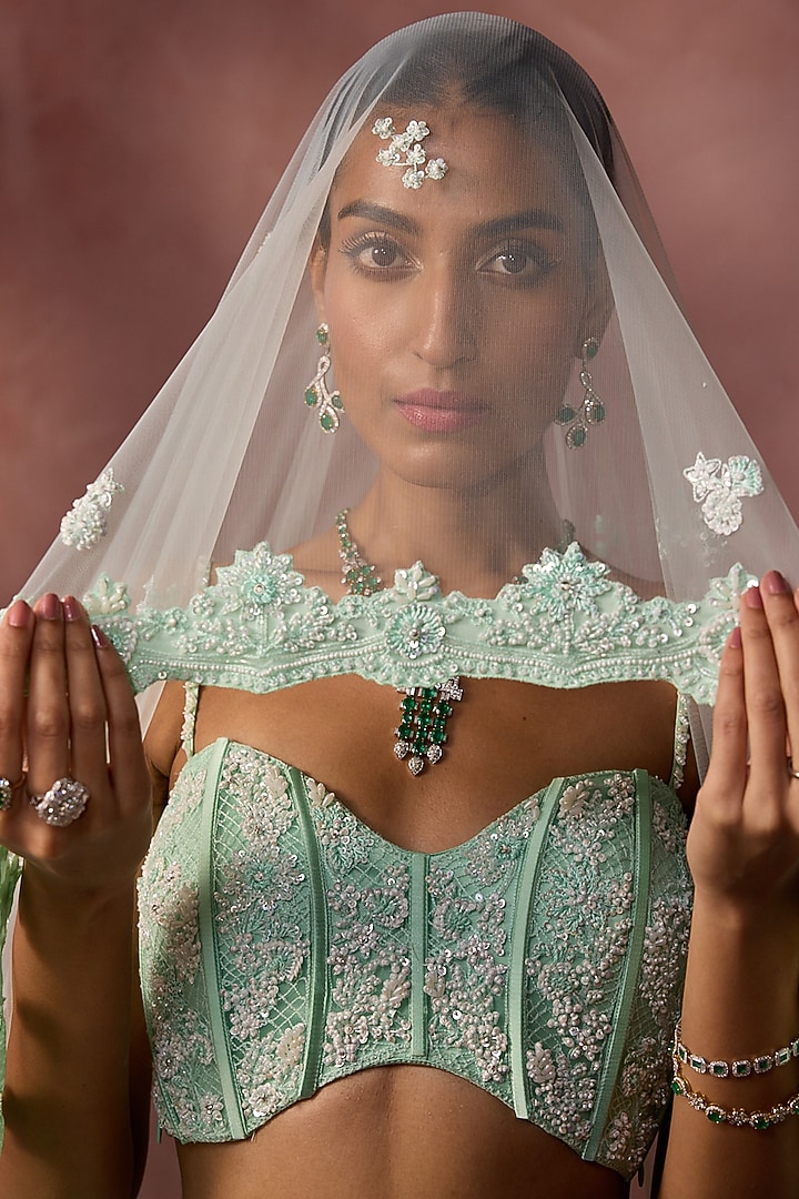 Sea Green Net Beads & Sequins Embroidered Bridal Lehenga Set by NITIKA GUJRAL at Pernia's Pop Up Shop