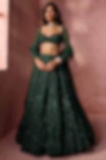 Bottle Green Net Beads & Sequins Embroidered Bridal Lehenga Set by NITIKA GUJRAL at Pernia's Pop Up Shop