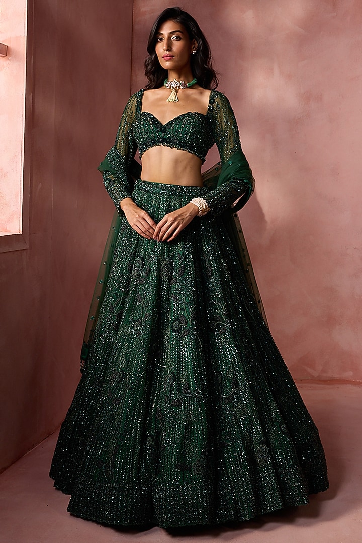 Bottle Green Net Beads & Sequins Embroidered Bridal Lehenga Set by NITIKA GUJRAL at Pernia's Pop Up Shop