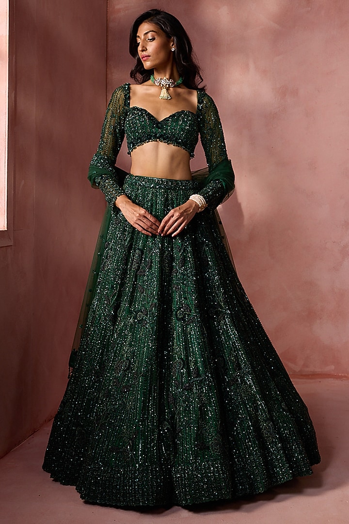 Bottle Green Net Beads & Sequins Embroidered Bridal Lehenga Set by NITIKA GUJRAL at Pernia's Pop Up Shop