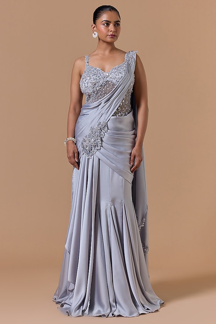 Grey Satin Sequins Embroidered Draped Gown Reception Saree Set by NITIKA GUJRAL at Pernia's Pop Up Shop