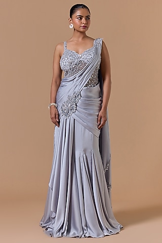 Grey Satin Sequins Embroidered Draped Gown Saree Set by NITIKA GUJRAL