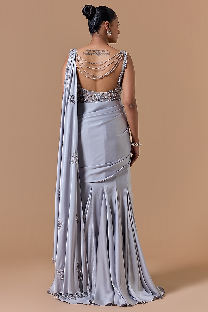 Grey Satin Sequins Embroidered Draped Gown Reception Saree Set by NITIKA GUJRAL at Pernia's Pop Up Shop