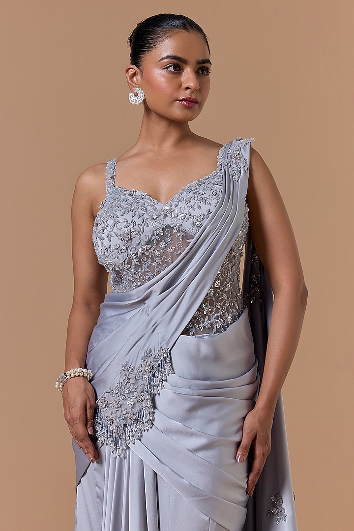 Grey Satin Sequins Embroidered Draped Gown Reception Saree Set by NITIKA GUJRAL at Pernia's Pop Up Shop