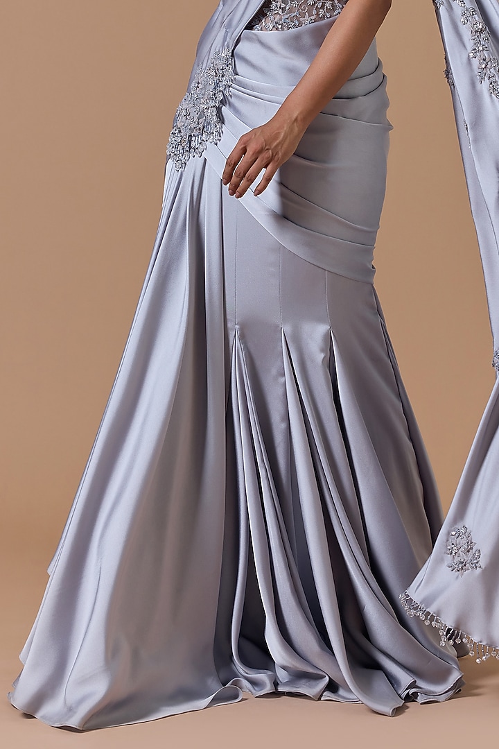 Grey Satin Sequins Embroidered Draped Gown Reception Saree Set by NITIKA GUJRAL at Pernia's Pop Up Shop