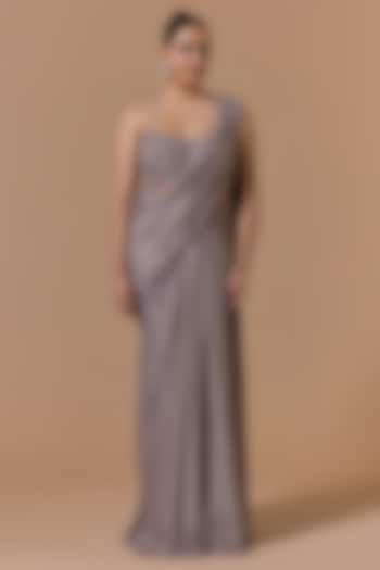 Mocha Brown Shimmer Poly Georgette Draped Reception Saree Set by NITIKA GUJRAL at Pernia's Pop Up Shop