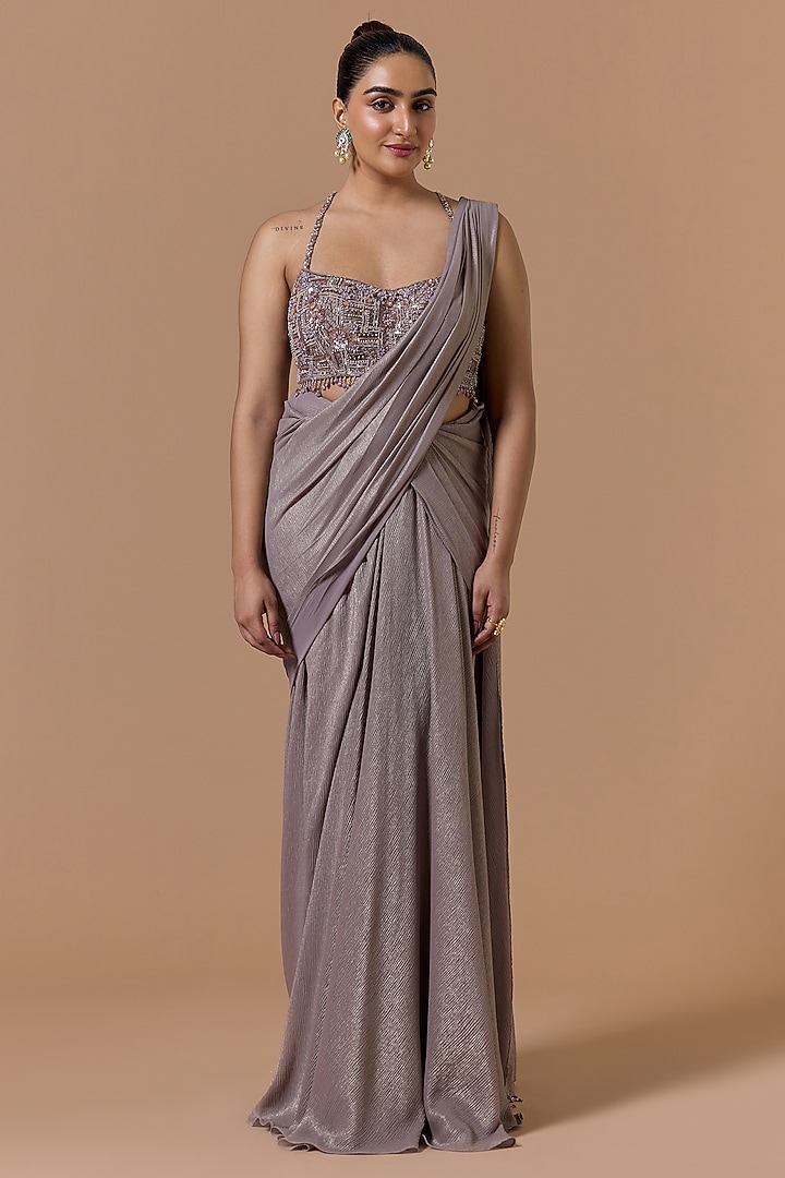 Mocha Brown Shimmer Poly Georgette Draped Reception Saree Set by NITIKA GUJRAL at Pernia's Pop Up Shop