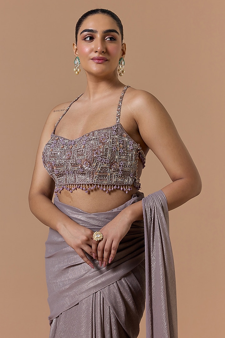 Mocha Brown Shimmer Poly Georgette Draped Reception Saree Set by NITIKA GUJRAL at Pernia's Pop Up Shop