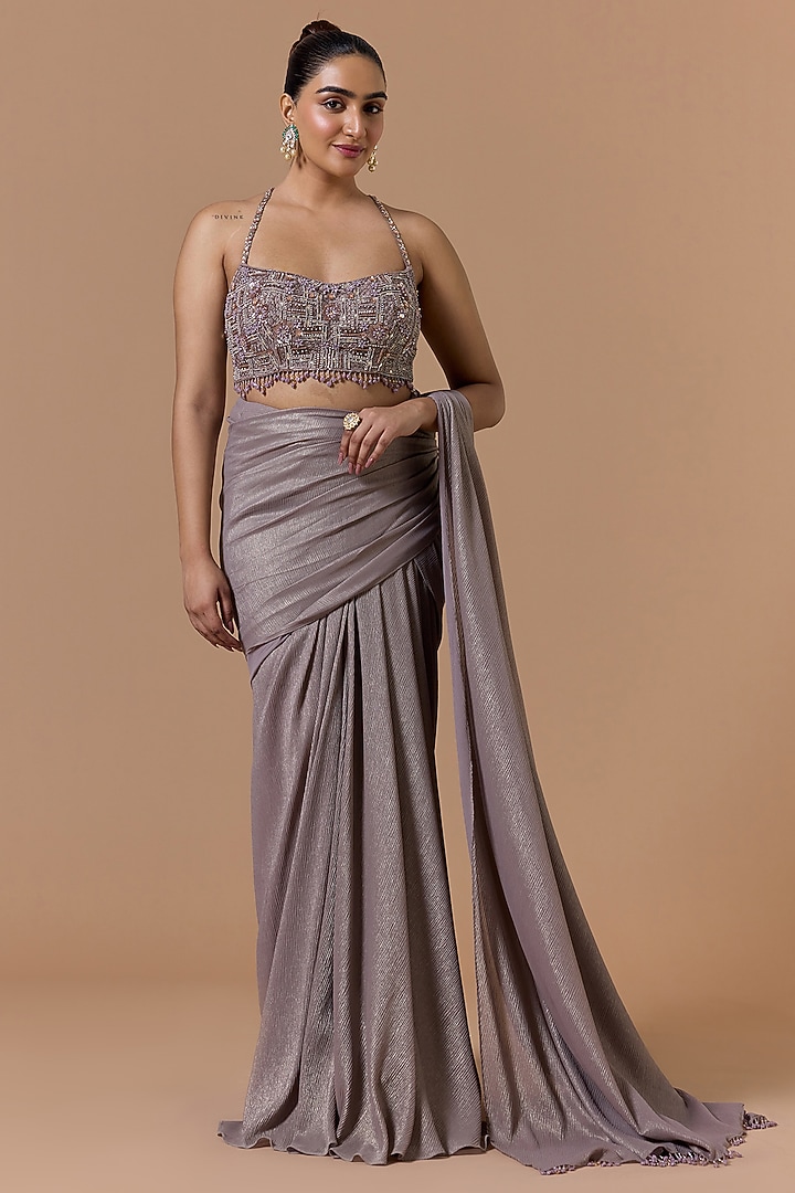 Mocha Brown Shimmer Poly Georgette Draped Reception Saree Set by NITIKA GUJRAL at Pernia's Pop Up Shop