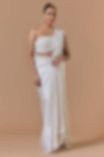 Ivory Satin Pre-Draped Reception Saree Set by NITIKA GUJRAL at Pernia's Pop Up Shop