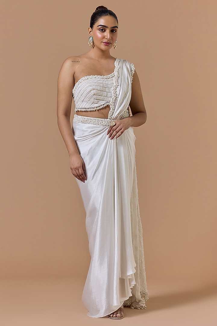 Ivory Satin Pre-Draped Reception Saree Set by NITIKA GUJRAL at Pernia's Pop Up Shop