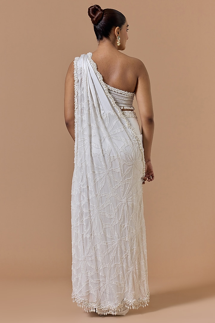 Ivory Satin Pre-Draped Reception Saree Set by NITIKA GUJRAL at Pernia's Pop Up Shop