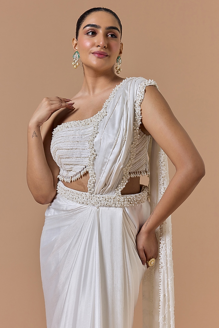 Ivory Satin Pre-Draped Reception Saree Set by NITIKA GUJRAL at Pernia's Pop Up Shop