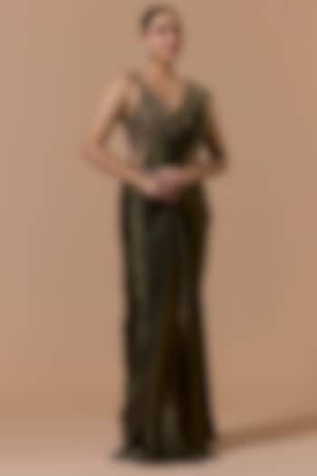 Olive Green Satin Pre-Draped Wedding Saree Set by NITIKA GUJRAL at Pernia's Pop Up Shop