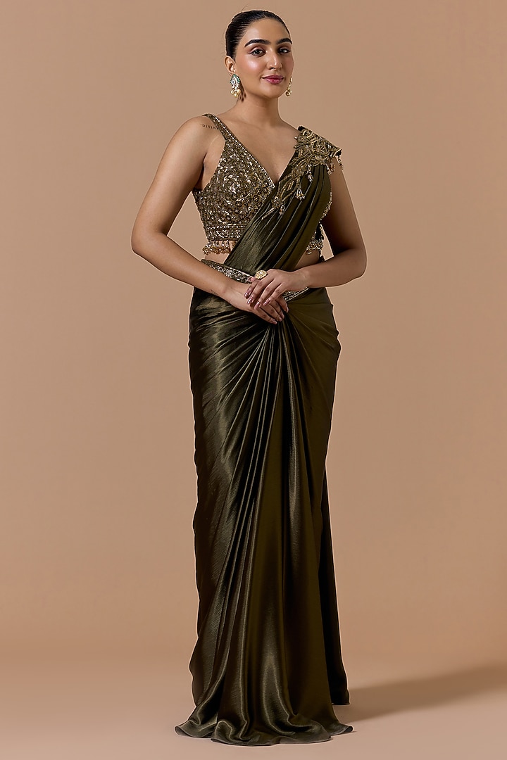 Olive Green Satin Pre-Draped Wedding Saree Set by NITIKA GUJRAL at Pernia's Pop Up Shop