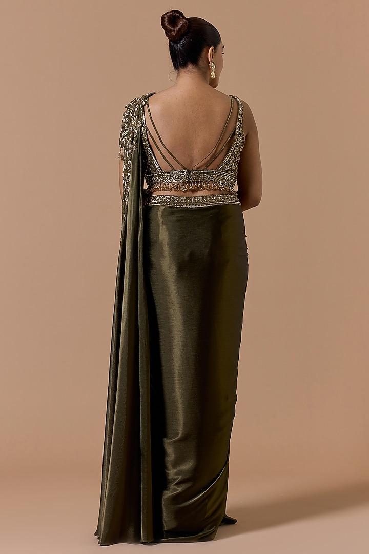 Olive Green Satin Pre-Draped Wedding Saree Set by NITIKA GUJRAL at Pernia's Pop Up Shop