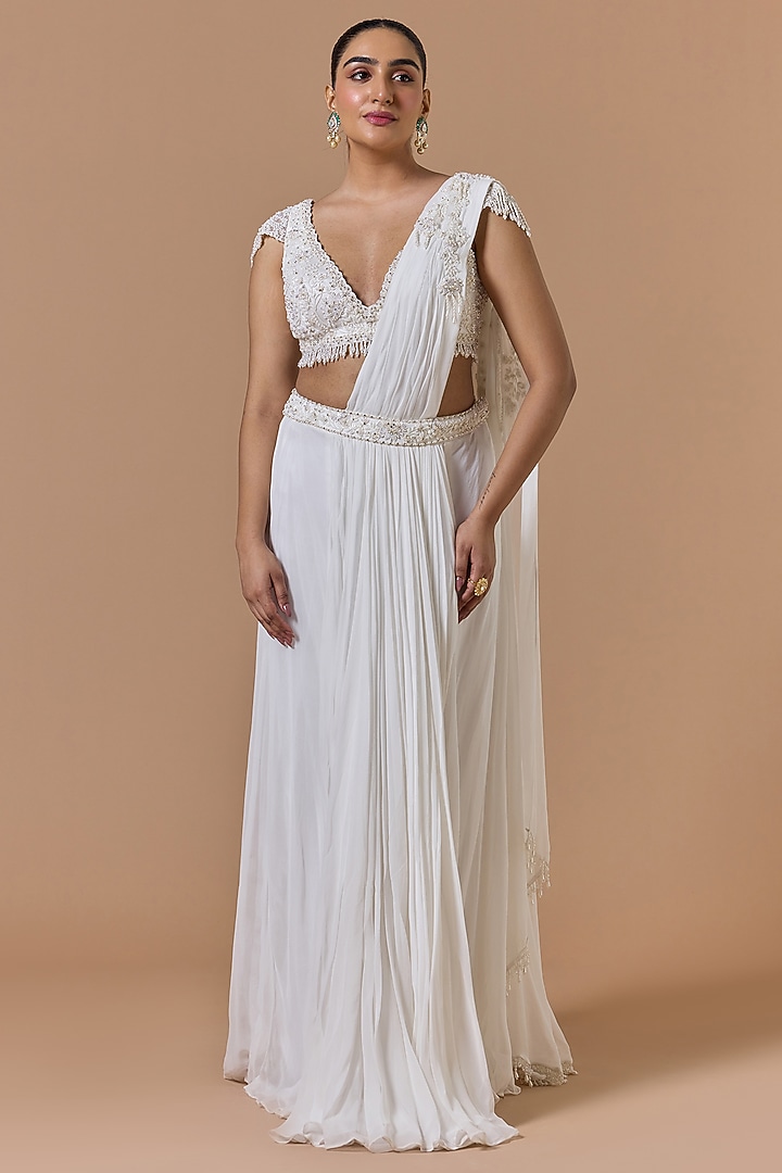 Ivory Georgette Embroidered Pre-Draped Wedding Saree Set by NITIKA GUJRAL at Pernia's Pop Up Shop