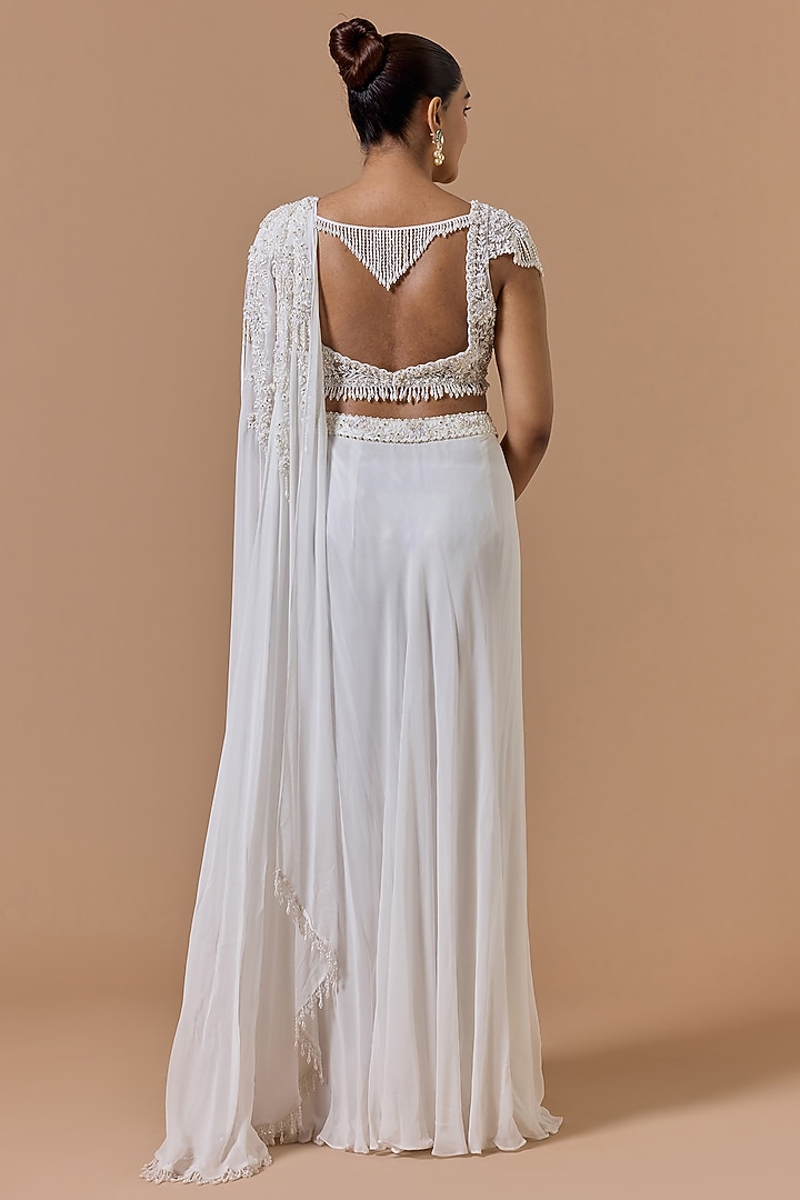 Ivory Georgette Embroidered Pre-Draped Wedding Saree Set by NITIKA GUJRAL at Pernia's Pop Up Shop