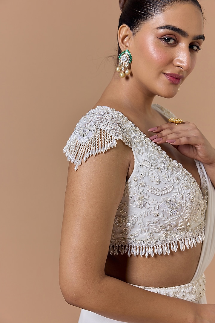 Ivory Georgette Embroidered Pre-Draped Wedding Saree Set by NITIKA GUJRAL at Pernia's Pop Up Shop
