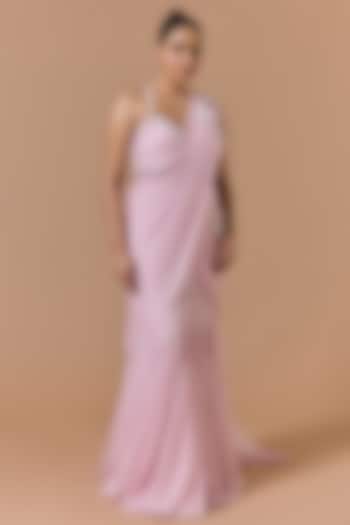 Soft Pink Lurex Shimmer Georgette Pre-Draped Reception Saree Set by NITIKA GUJRAL at Pernia's Pop Up Shop