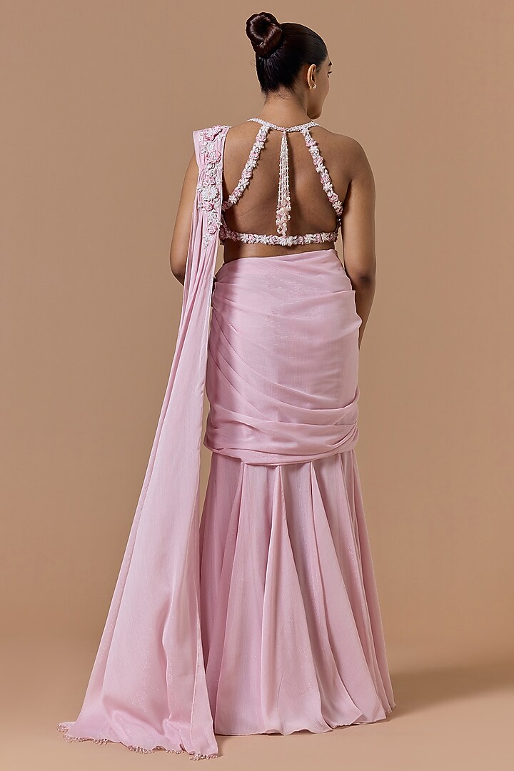 Soft Pink Lurex Shimmer Georgette Pre-Draped Reception Saree Set by NITIKA GUJRAL at Pernia's Pop Up Shop