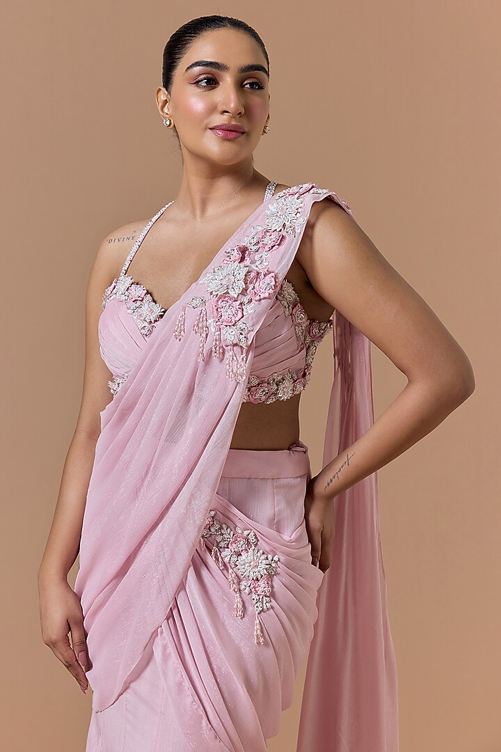 Soft Pink Lurex Shimmer Georgette Pre-Draped Reception Saree Set by NITIKA GUJRAL at Pernia's Pop Up Shop