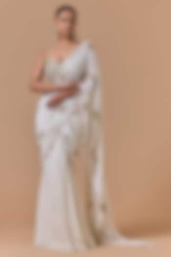 Cream Shimmer Georgette Pre-Draped Reception Saree Set by NITIKA GUJRAL at Pernia's Pop Up Shop