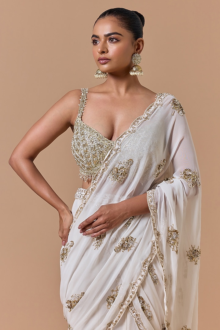 Cream Shimmer Georgette Pre-Draped Reception Saree Set by NITIKA GUJRAL at Pernia's Pop Up Shop