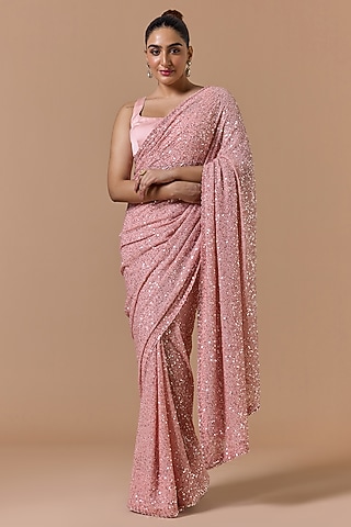Rose Pink Georgette Sequins Embroidered Saree Set by NITIKA GUJRAL