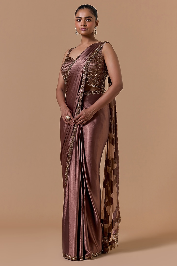 Copper Satin Crystal Embroidered Pre-Draped Reception Saree Set by NITIKA GUJRAL at Pernia's Pop Up Shop