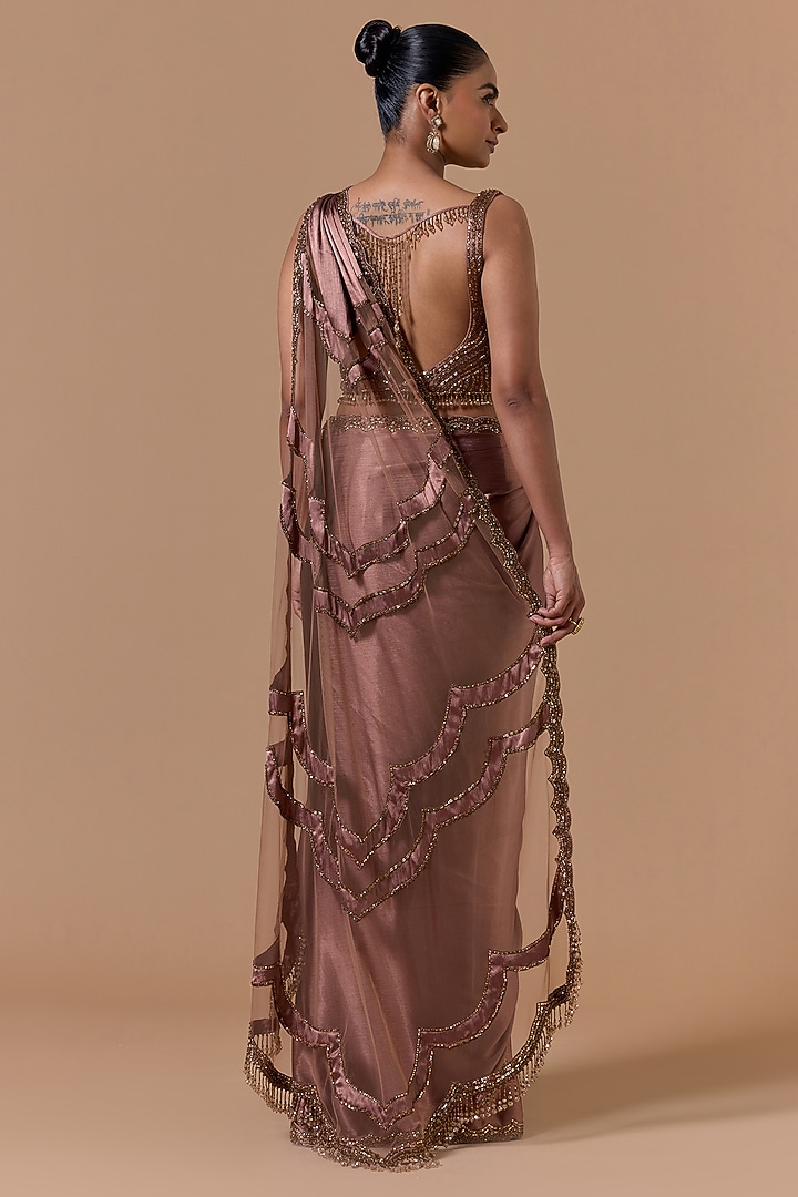 Copper Satin Crystal Embroidered Pre-Draped Reception Saree Set by NITIKA GUJRAL at Pernia's Pop Up Shop
