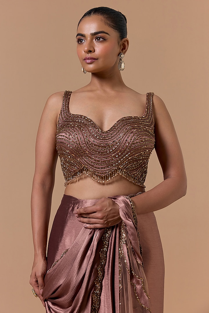 Copper Satin Crystal Embroidered Pre-Draped Reception Saree Set by NITIKA GUJRAL at Pernia's Pop Up Shop
