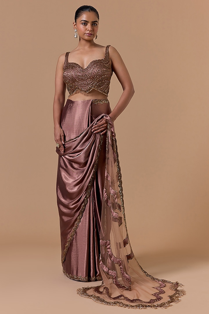 Copper Satin Crystal Embroidered Pre-Draped Reception Saree Set by NITIKA GUJRAL at Pernia's Pop Up Shop