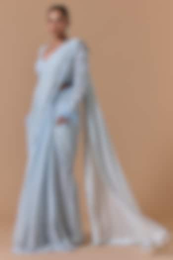 Powder Blue Shimmer Georgette Pre-Draped Reception Saree Set by NITIKA GUJRAL at Pernia's Pop Up Shop