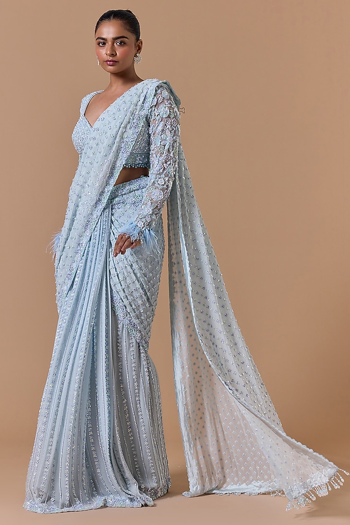 Powder Blue Shimmer Georgette Pre-Draped Reception Saree Set by NITIKA GUJRAL at Pernia's Pop Up Shop
