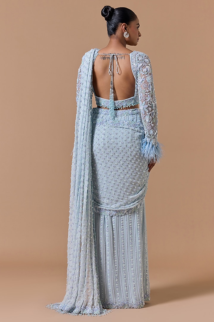 Powder Blue Shimmer Georgette Pre-Draped Reception Saree Set by NITIKA GUJRAL at Pernia's Pop Up Shop