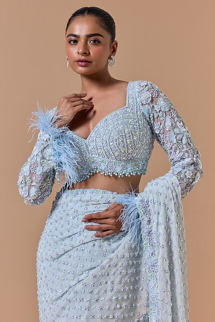 Powder Blue Shimmer Georgette Pre-Draped Reception Saree Set by NITIKA GUJRAL at Pernia's Pop Up Shop