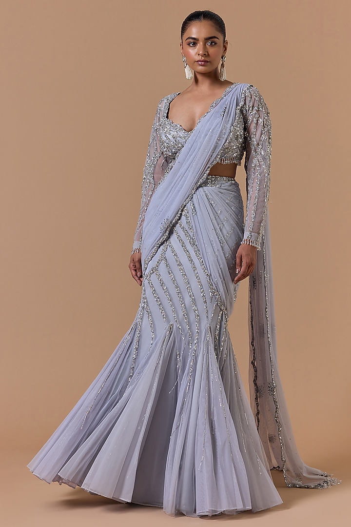 Grey Net Pre-Draped Fish-Tail Reception Saree Set by NITIKA GUJRAL at Pernia's Pop Up Shop