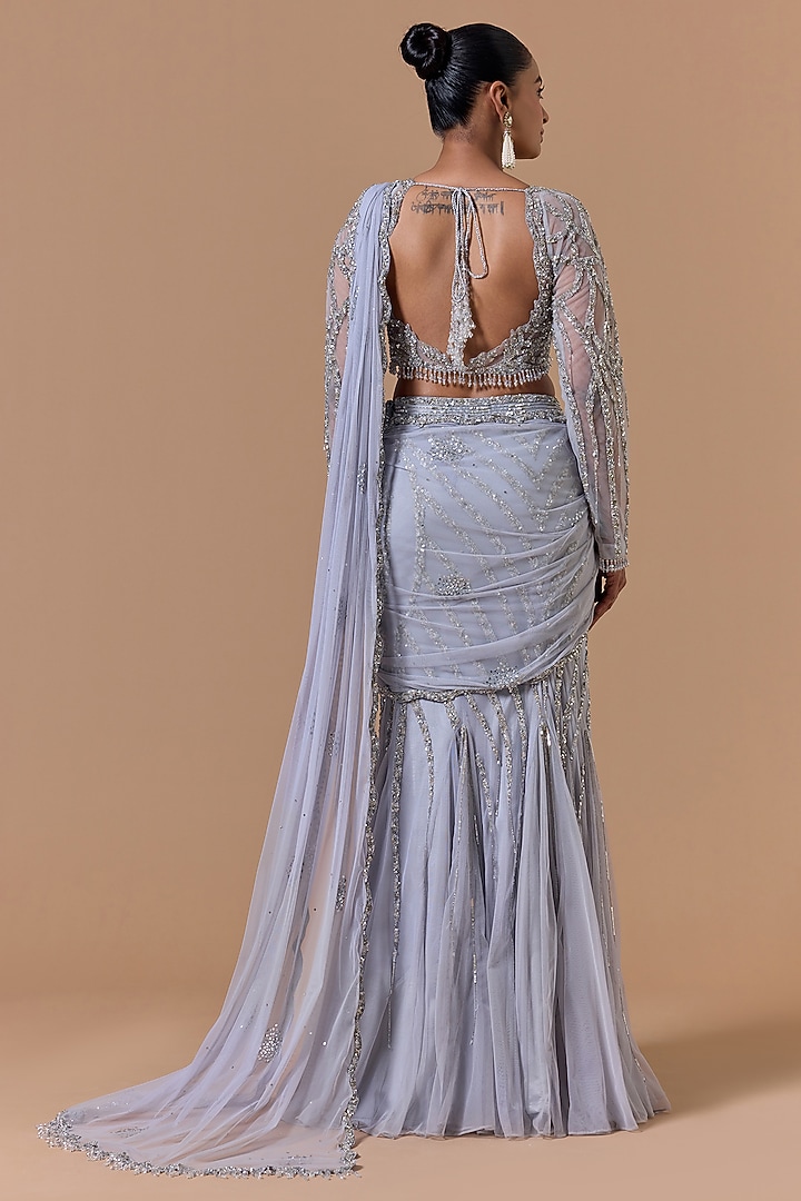 Grey Net Pre-Draped Fish-Tail Reception Saree Set by NITIKA GUJRAL at Pernia's Pop Up Shop