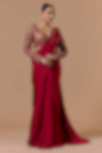 Red Satin Pre-Draped Reception Saree Set by NITIKA GUJRAL at Pernia's Pop Up Shop