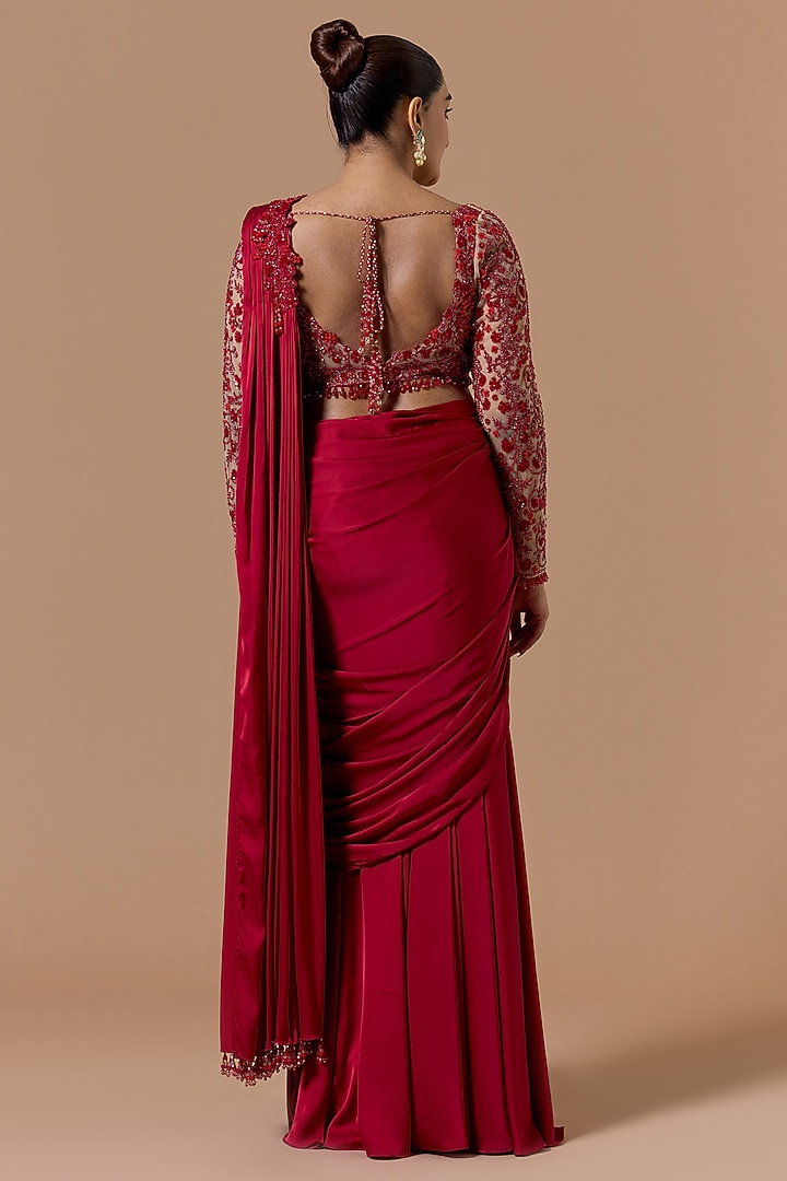 Red Satin Pre-Draped Reception Saree Set by NITIKA GUJRAL at Pernia's Pop Up Shop