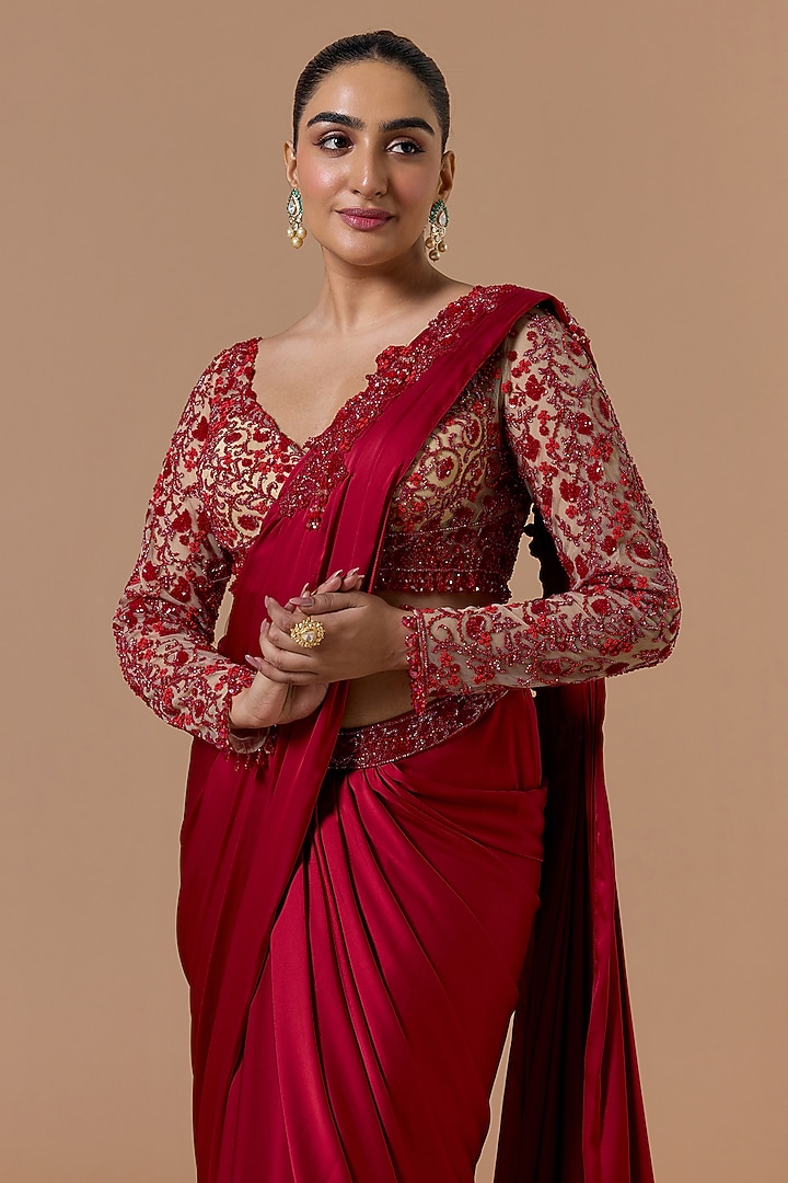 Red Satin Pre-Draped Reception Saree Set by NITIKA GUJRAL at Pernia's Pop Up Shop