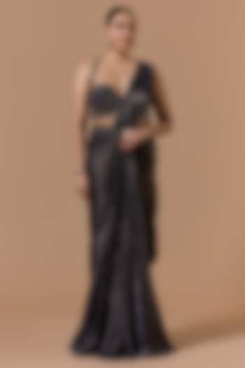 Navy Blue Shimmer Satin Bead Embroidered Pre-Draped Reception Saree Set by NITIKA GUJRAL at Pernia's Pop Up Shop