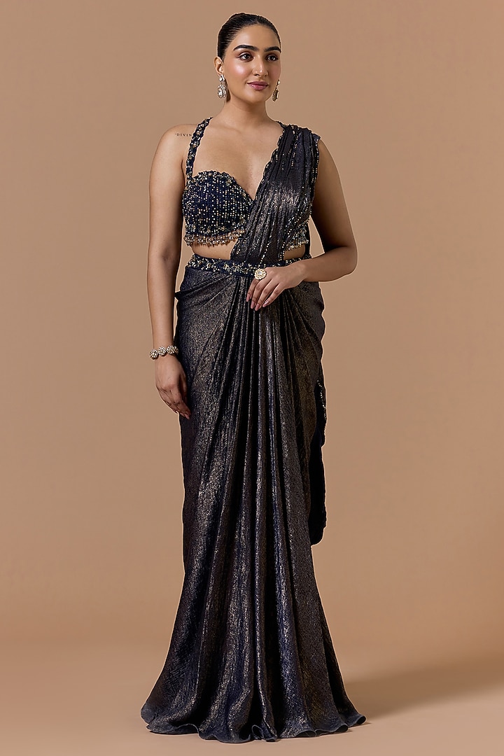 Navy Blue Shimmer Satin Bead Embroidered Pre-Draped Reception Saree Set by NITIKA GUJRAL at Pernia's Pop Up Shop