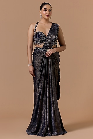 Navy Blue Shimmer Satin Bead Embroidered Pre-Draped Saree Set by NITIKA GUJRAL