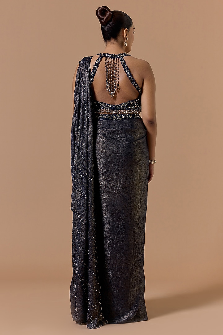 Navy Blue Shimmer Satin Bead Embroidered Pre-Draped Reception Saree Set by NITIKA GUJRAL at Pernia's Pop Up Shop