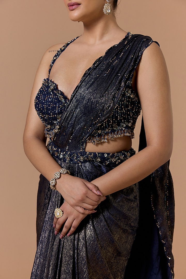 Navy Blue Shimmer Satin Bead Embroidered Pre-Draped Reception Saree Set by NITIKA GUJRAL at Pernia's Pop Up Shop