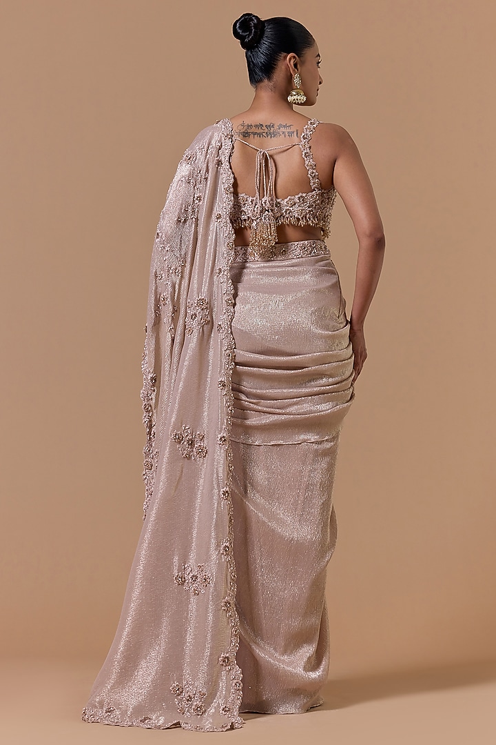 Blush Pink Crushed Chiffon Pre-Draped Reception Saree Set by NITIKA GUJRAL at Pernia's Pop Up Shop