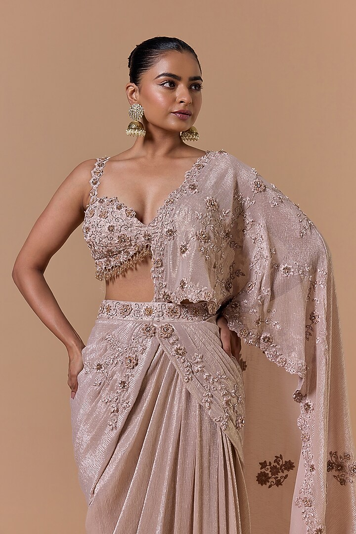 Blush Pink Crushed Chiffon Pre-Draped Reception Saree Set by NITIKA GUJRAL at Pernia's Pop Up Shop